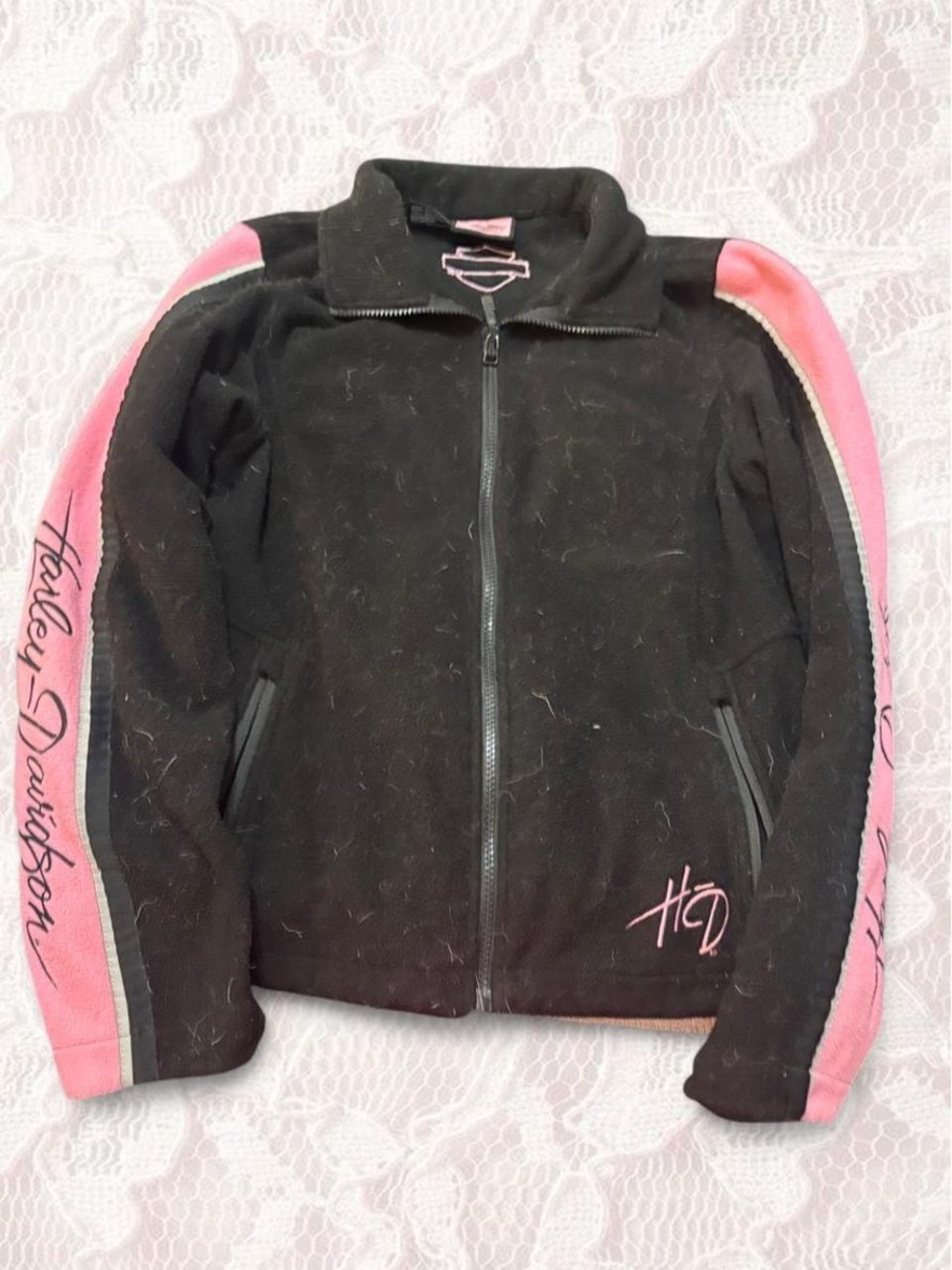Vintage 2000s Harley Davidson black & pink polyester fleece jacket